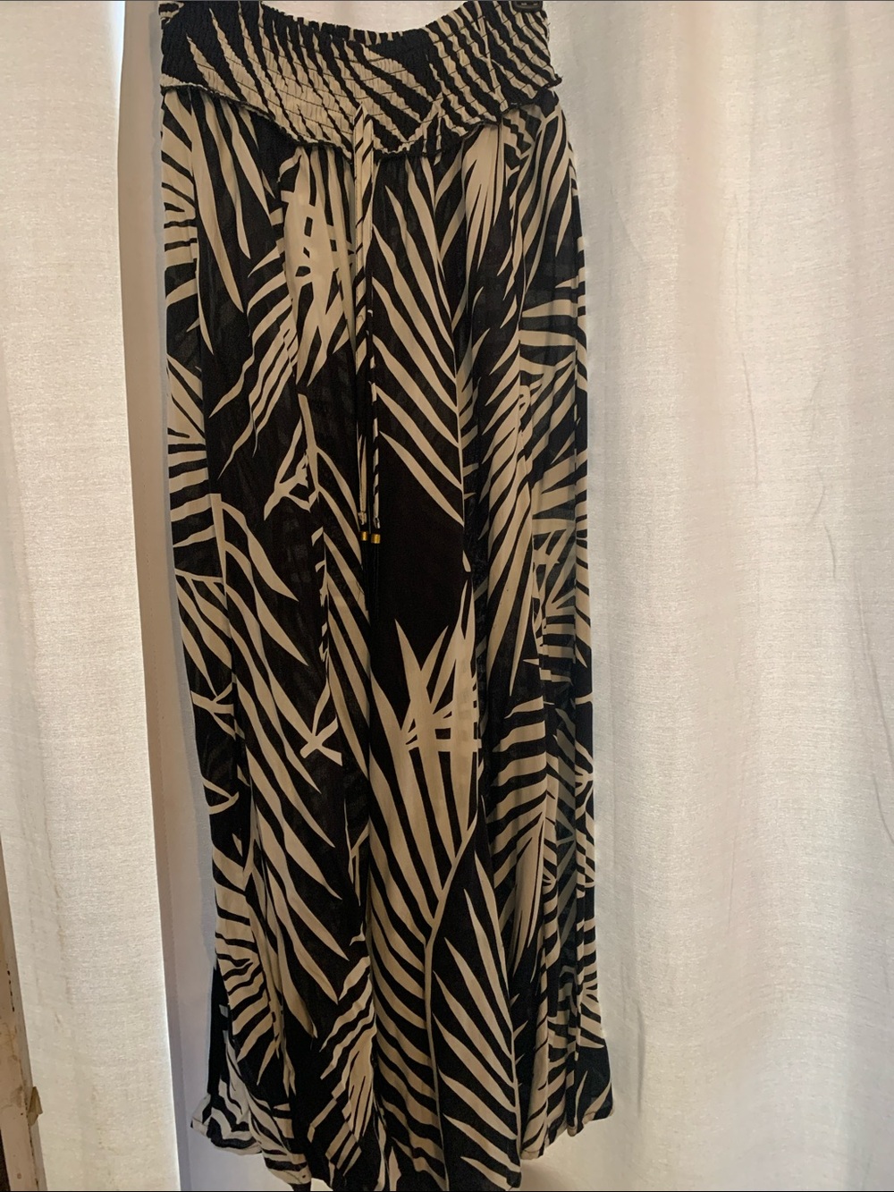 Black and Cream Palm-Leaf wide leg pants with Smocked Waist